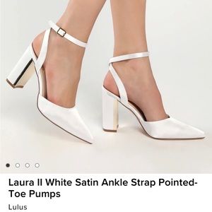 Laura II White Satin Ankle Strap Pointed-Toe Pumps -Sz 7